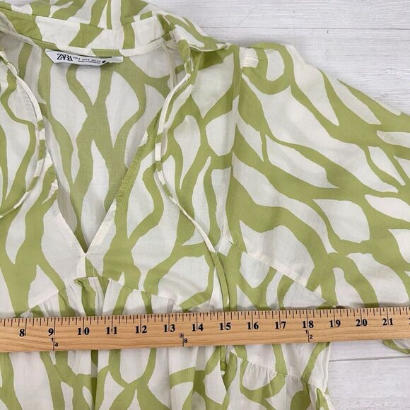 Zara Printed Babydoll Dress S Green Balloon Sleeves Tiered Mini V Neck Tie Fall - Picture 11 of 15